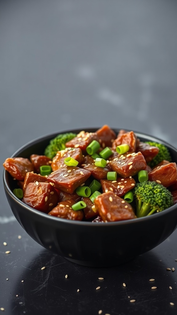 A bowl of beef and broccoli stir-fry topped with green onions and sesame seeds.