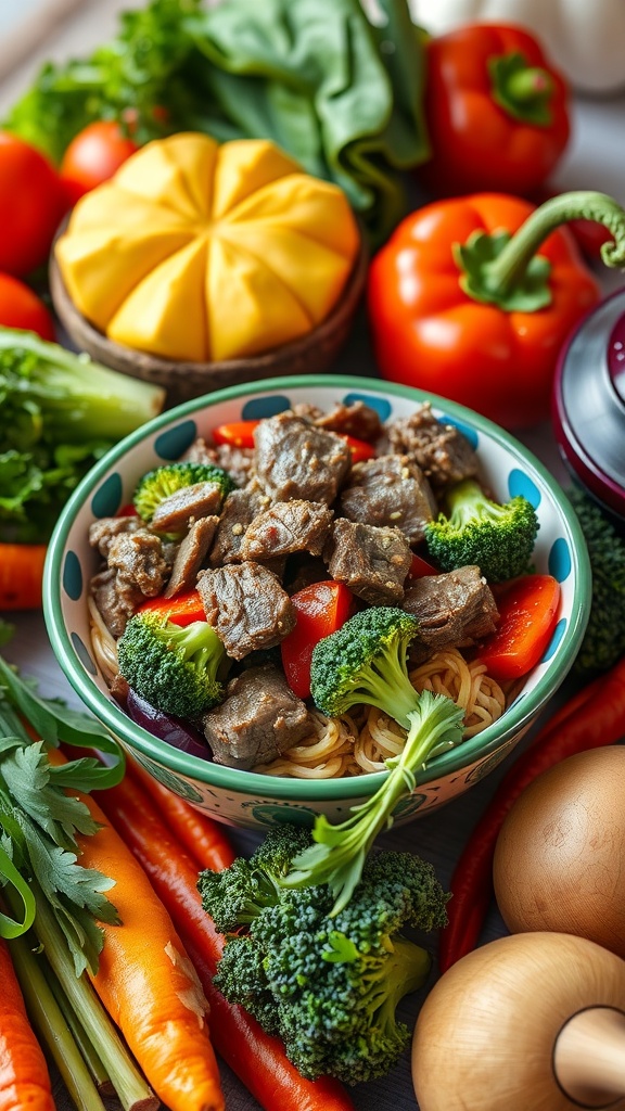 A bowl of beef and broccoli stir-fry surrounded by fresh vegetables