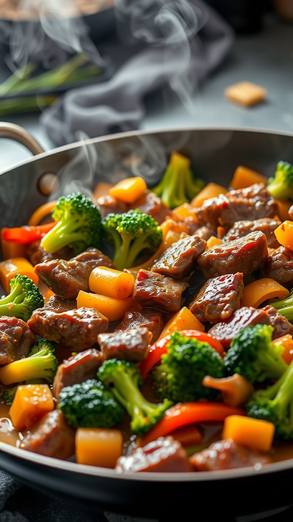 A delicious beef and broccoli stir-fry in a pan, featuring colorful vegetables.