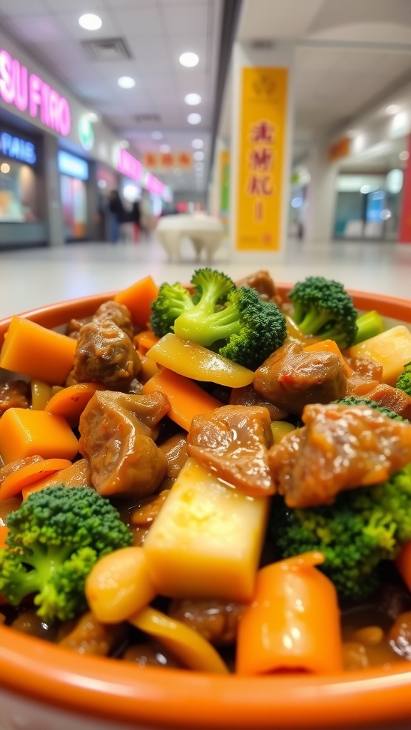 A delicious bowl of beef and broccoli stir-fry with vibrant vegetables.