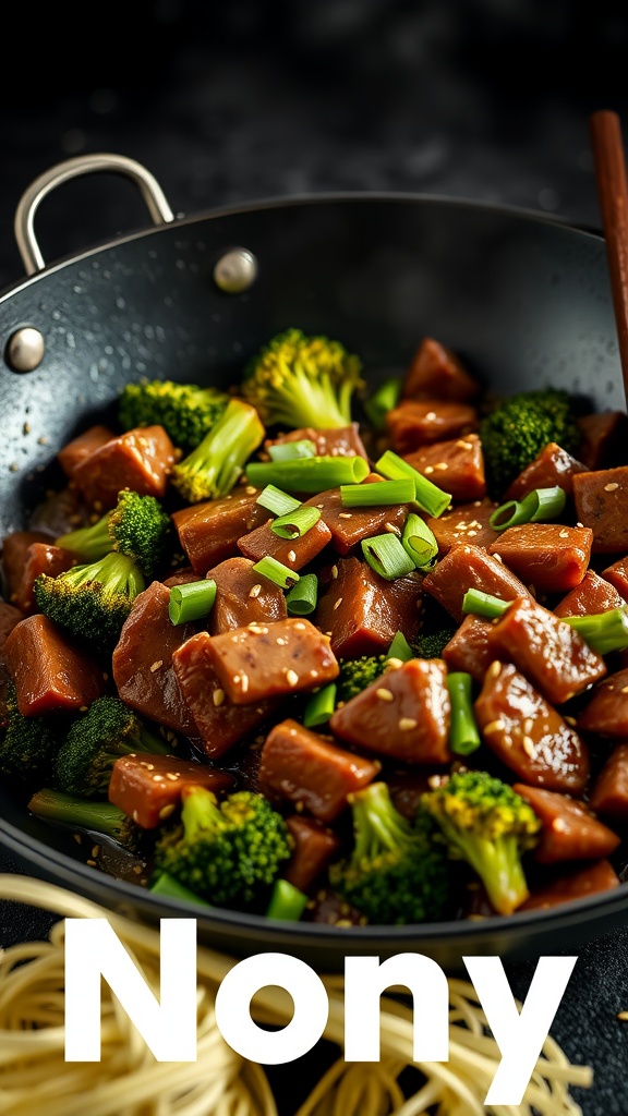 A bowl of beef and broccoli stir-fry with carrots, served with chopsticks