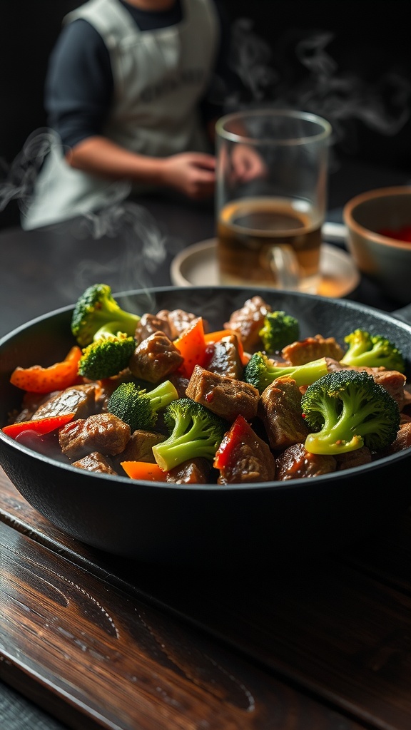 A delicious Beef and Broccoli Stir-Fry in a skillet with colorful vegetables and cauliflower rice.