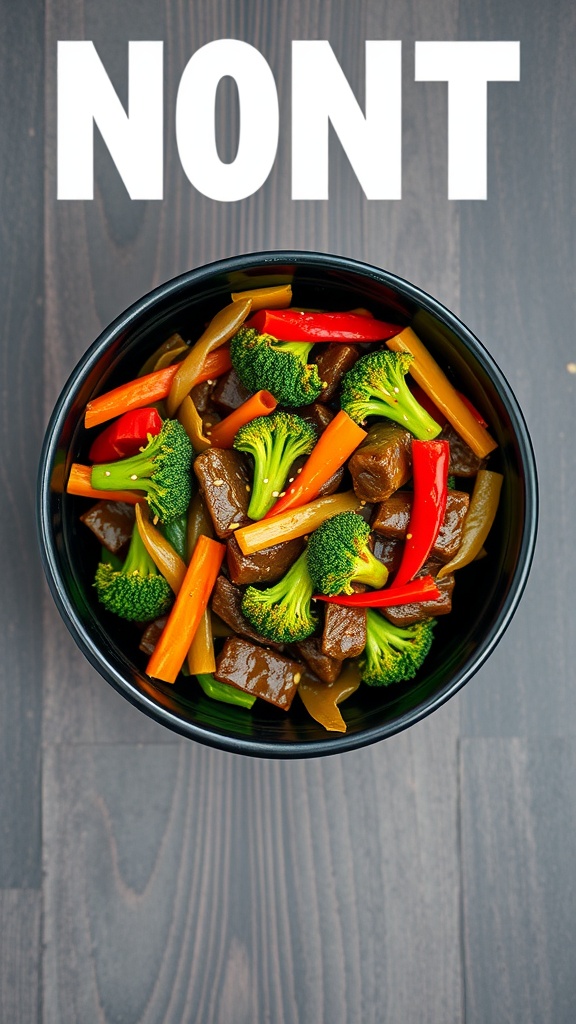 A hearty bowl of beef and broccoli stir-fry with colorful vegetables.