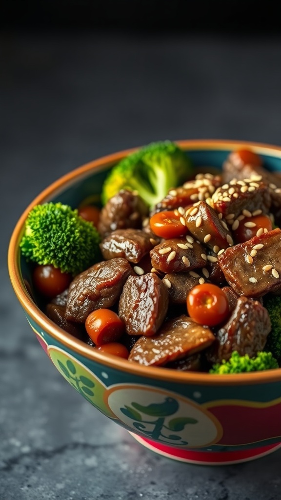 A colorful bowl of beef and broccoli stir-fry with sesame seeds and cherry tomatoes.