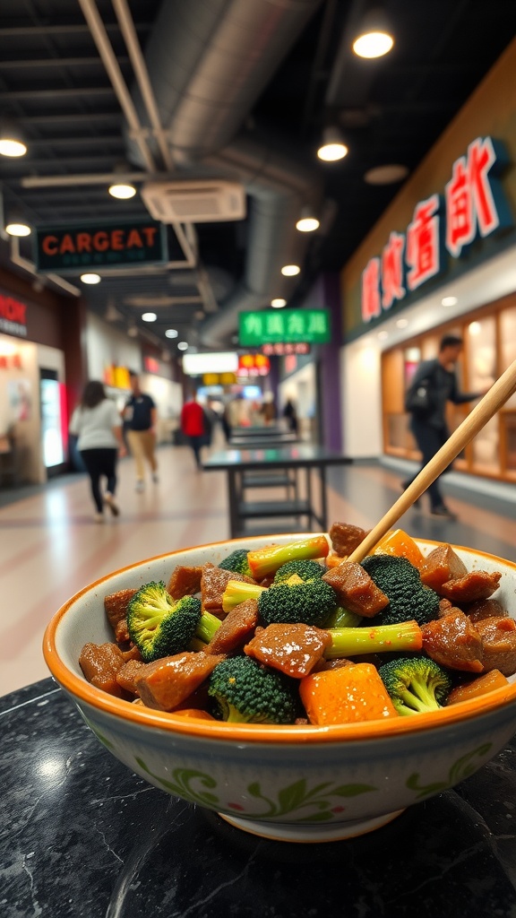 A bowl of beef and broccoli stir-fry with chopsticks, in a busy mall food court.