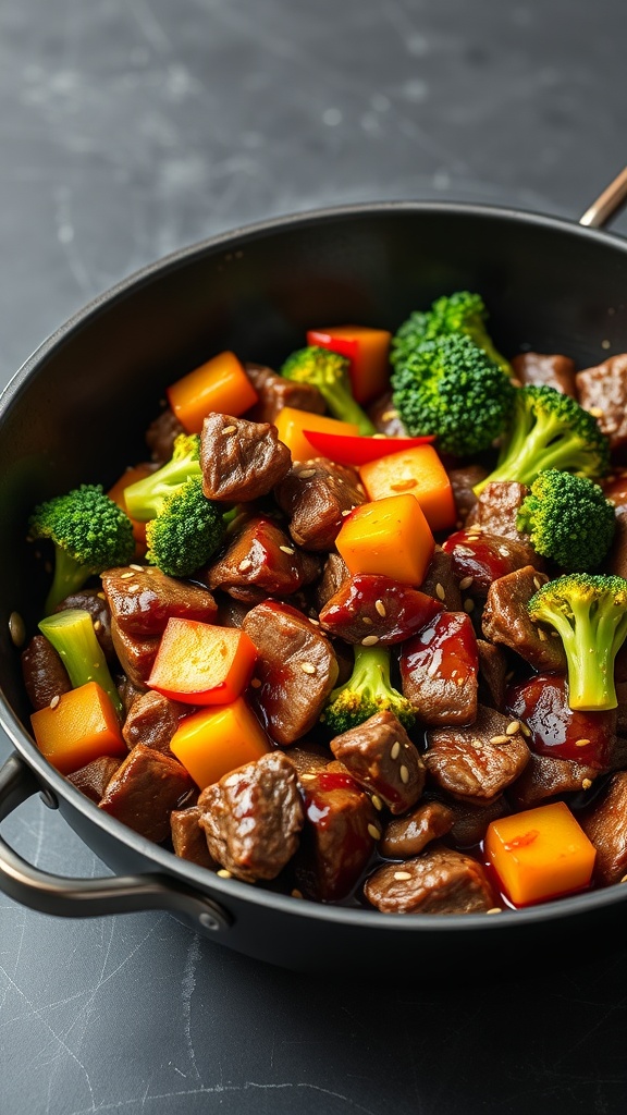 A close-up of a beef and broccoli stir-fry with colorful bell peppers in a black skillet.