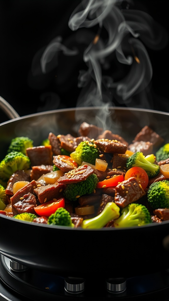 A delicious beef and broccoli stir-fry with colorful vegetables cooking in a pan.