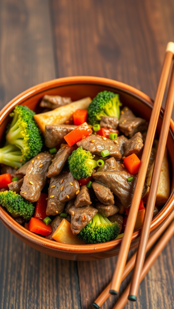 A bowl of beef and broccoli stir-fry with colorful vegetables and chopsticks