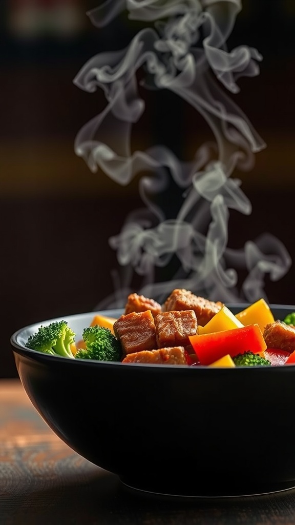 A steaming bowl of beef and broccoli stir fry with colorful vegetables