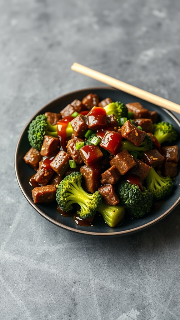 A delicious plate of beef and broccoli with a rich sauce, garnished with green onions.