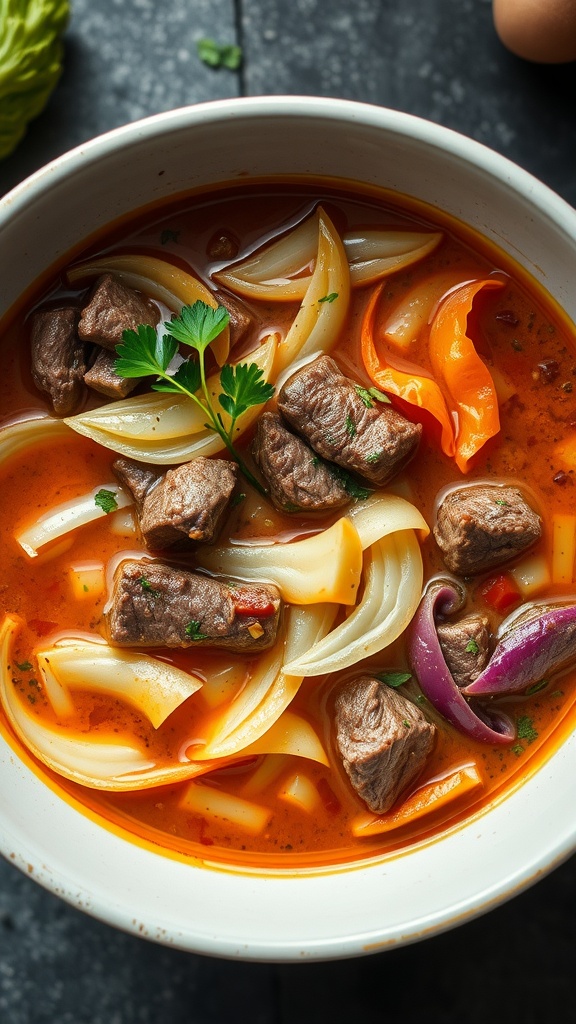 A bowl of beef and cabbage detox soup filled with vegetables and herbs.