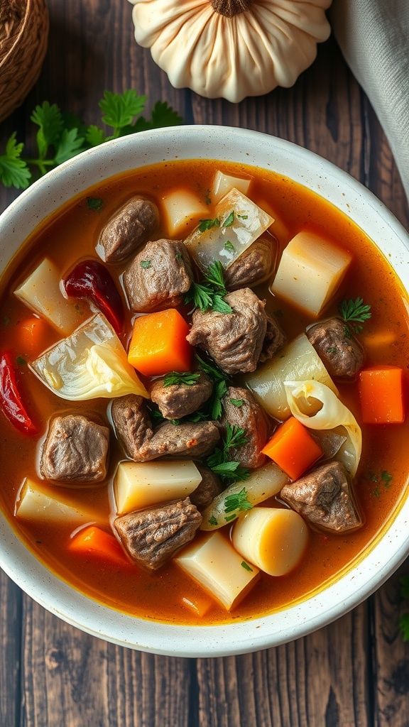 Bowl of beef and cabbage soup with chunks of meat and vegetables