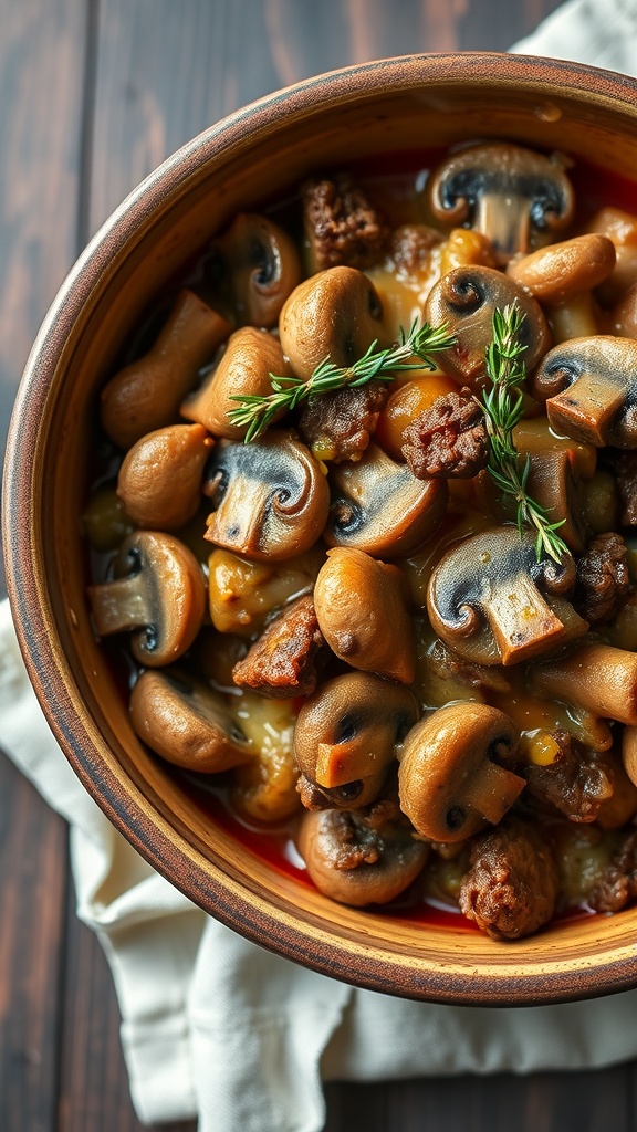 A delicious beef and mushroom casserole in a rustic bowl, garnished with fresh herbs.