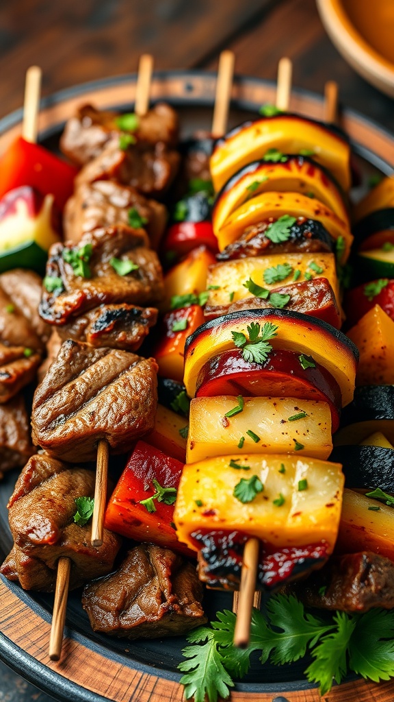 Delicious beef and vegetable skewers arranged on a plate