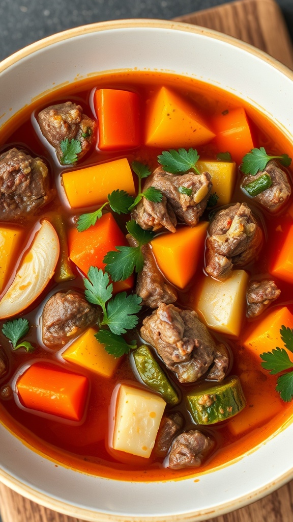 A bowl of beef and vegetable soup with colorful vegetables and tender beef chunks.