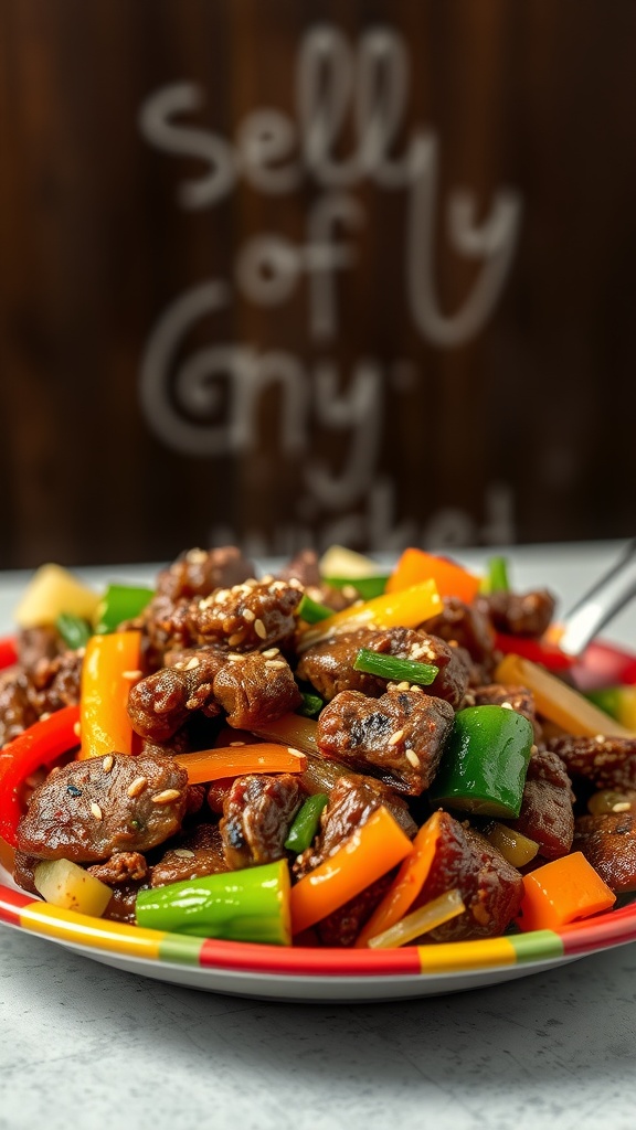 A colorful plate of beef and vegetable stir-fry, featuring bell peppers and green onions.