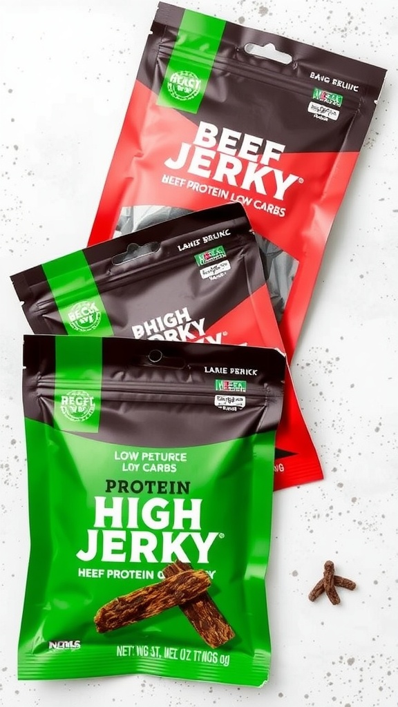 Various brands of beef jerky in colorful packaging.