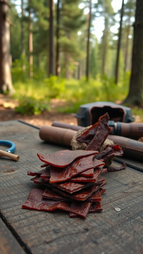 A stack of beef jerky on a wooden surface in a forest setting.