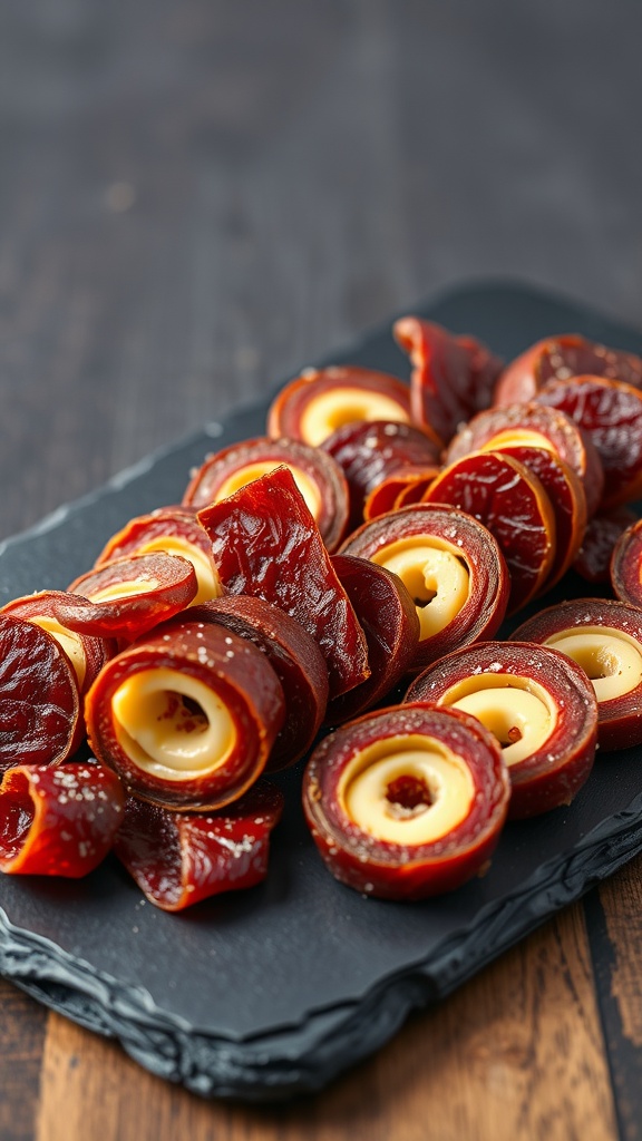 A platter of beef jerky and cheese roll-ups.