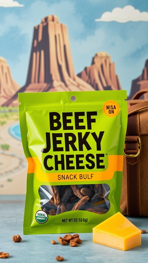 A package of beef jerky and cheese snack pack next to a yellow cheese block on top of a patterned surface.