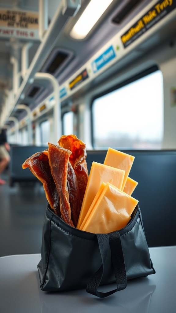 A bag with beef jerky and cheese sticks placed on a train table.