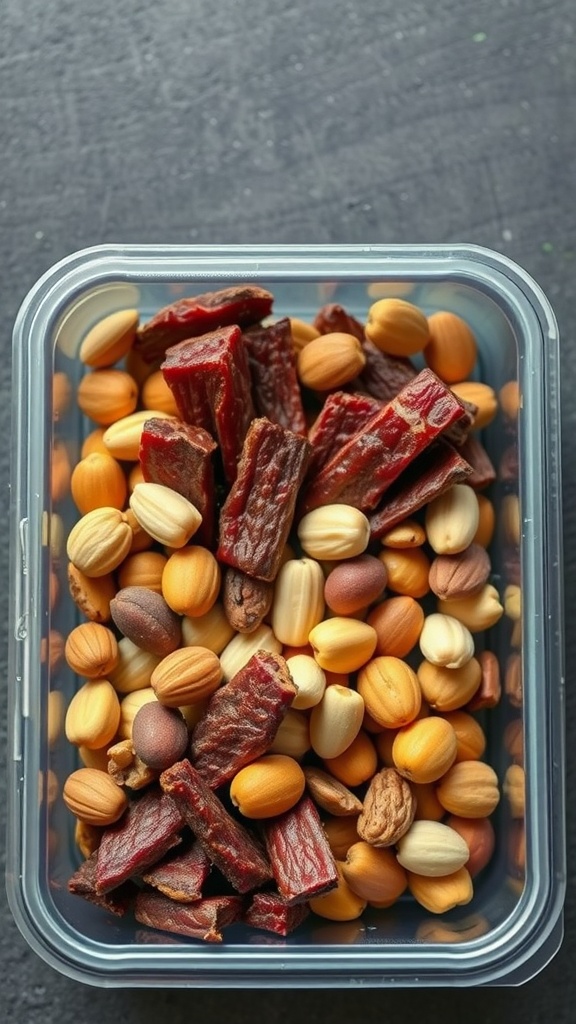 A container filled with beef jerky and a variety of nuts.