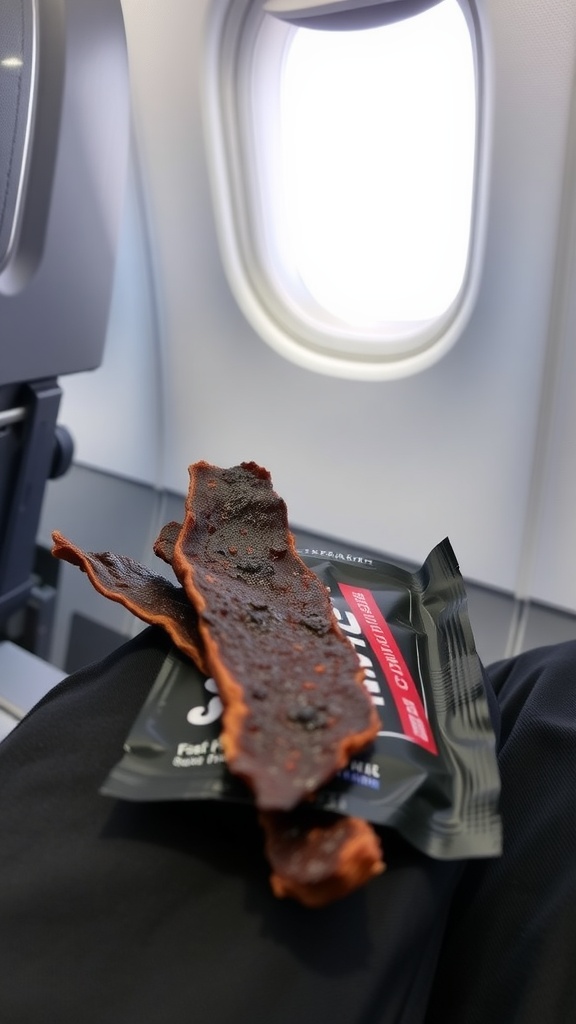 A pack of beef jerky strips placed on a plane seat.