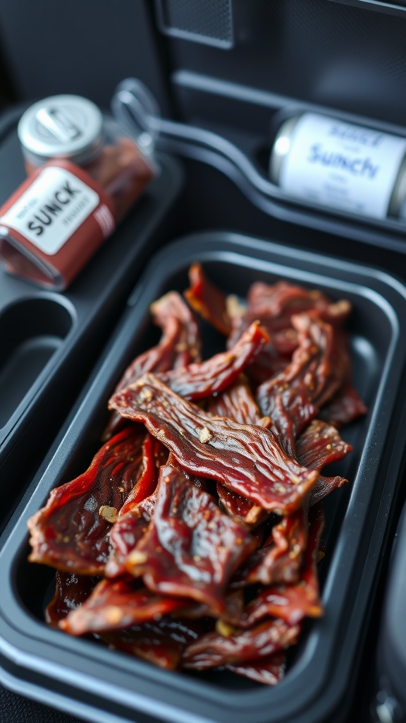 A selection of various beef jerky packages displayed in a car's storage compartment.