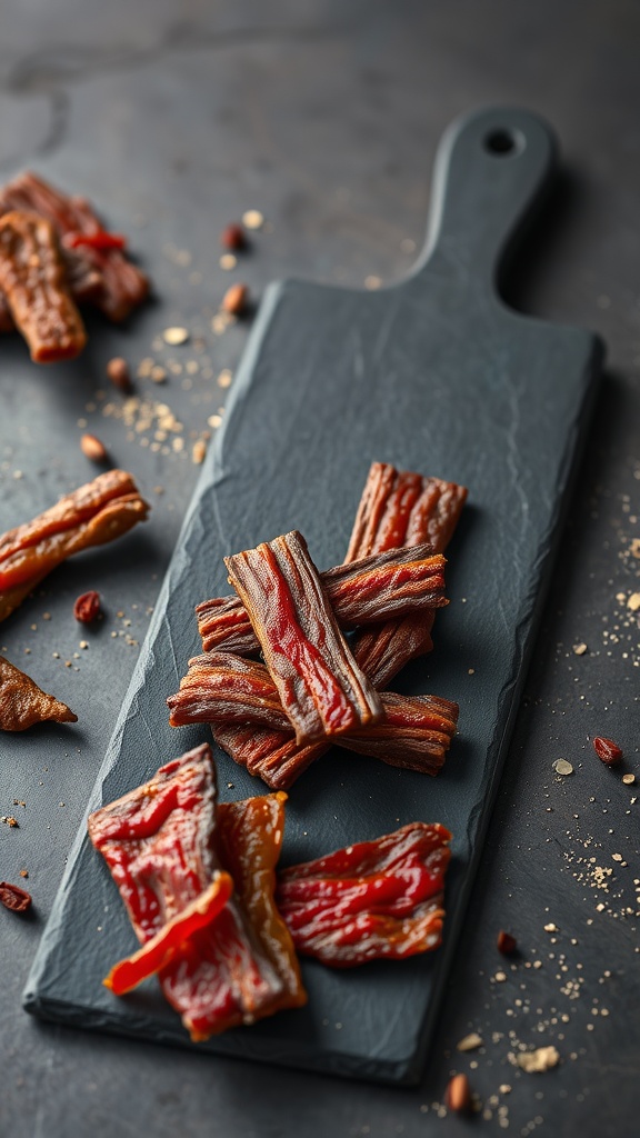 A variety of beef jerky pieces displayed on a slate cutting board.