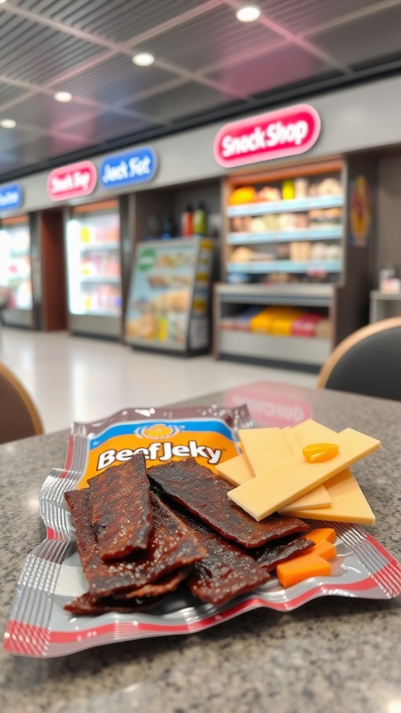 A pack of Beef Jerky with slices of cheese on a table in an airport terminal.