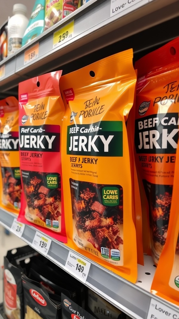 Shelves filled with various brands of beef jerky at a gas station.