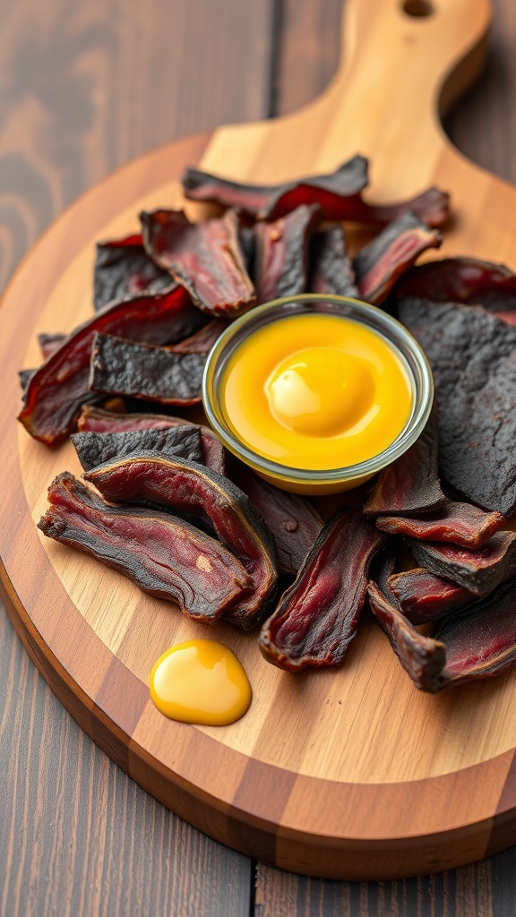 Plate of beef jerky pieces with a mustard dip in the center