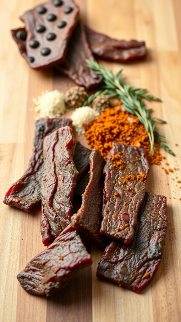 A variety of beef jerky pieces arranged with spices and herbs on a wooden surface.