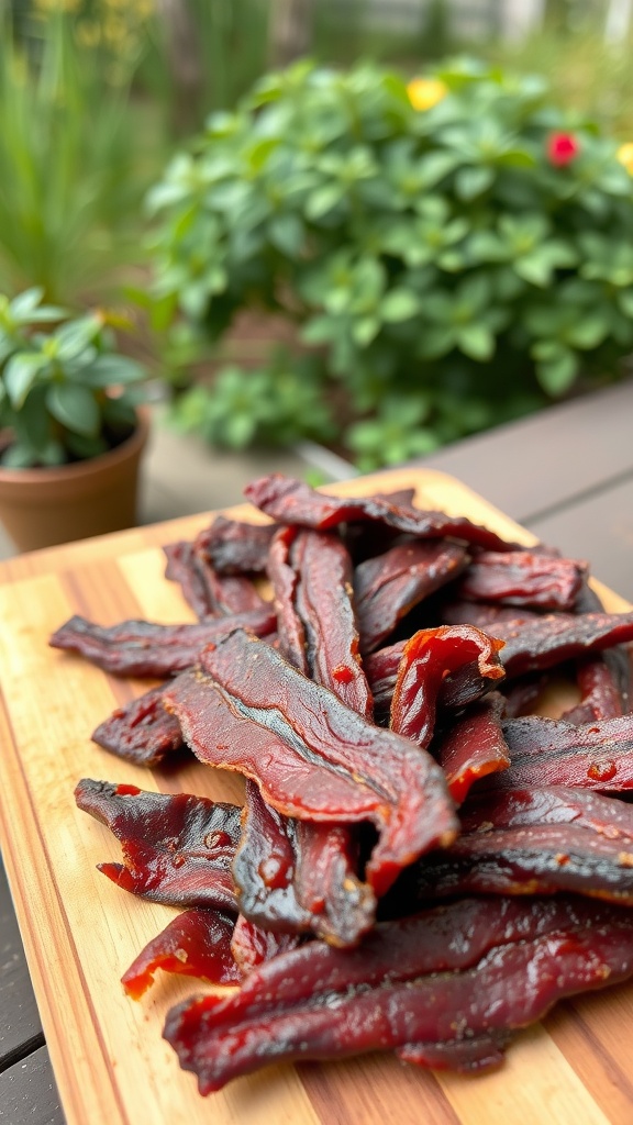 A close-up of beef jerky strips on a wooden cutting board with greenery in the background.