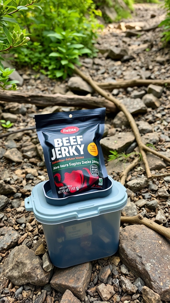 A packet of beef jerky lying on a rocky hiking trail.