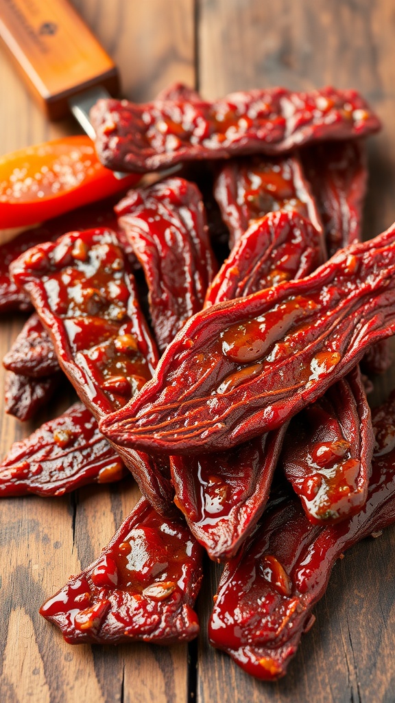 Beef jerky pieces on a wooden surface