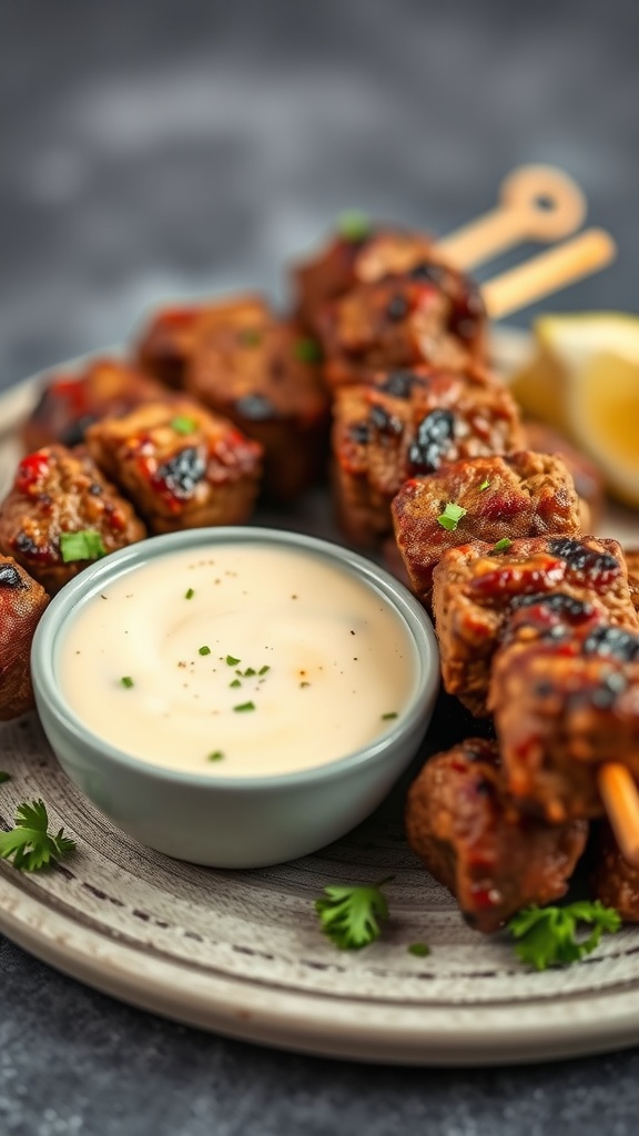 Beef kofta kebabs on skewers with garlic sauce in a bowl