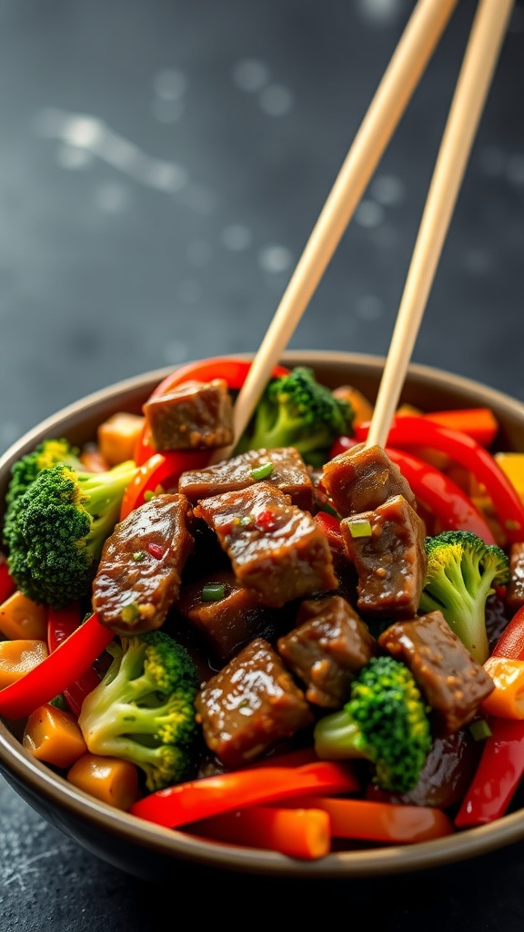 Bowl of beef stir-fry with broccoli and red peppers, served with chopsticks.