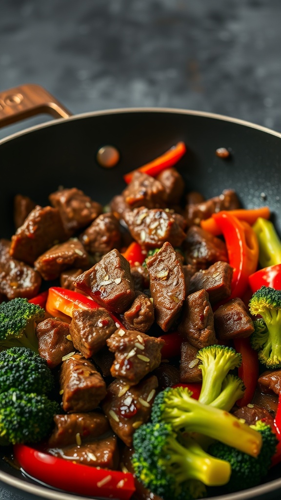 A delicious stir-fry featuring tender beef, vibrant broccoli, and colorful bell peppers in a frying pan.