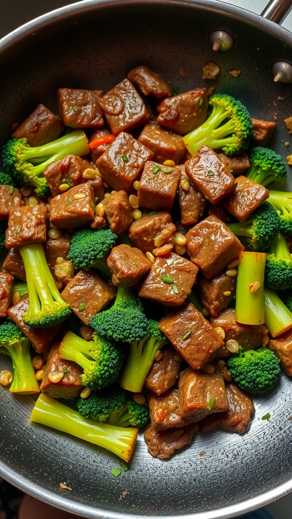 A pan filled with beef cubes and broccoli in a savory sauce.