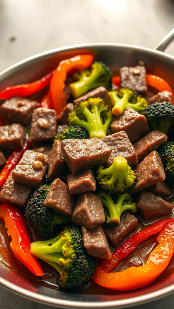 A delicious beef stir-fry with broccoli and red bell peppers in a pan.