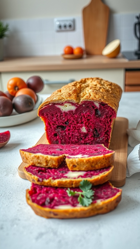 A loaf of beetroot and cheese bread, sliced with a vibrant pink interior and a golden crust, displayed on a wooden board.