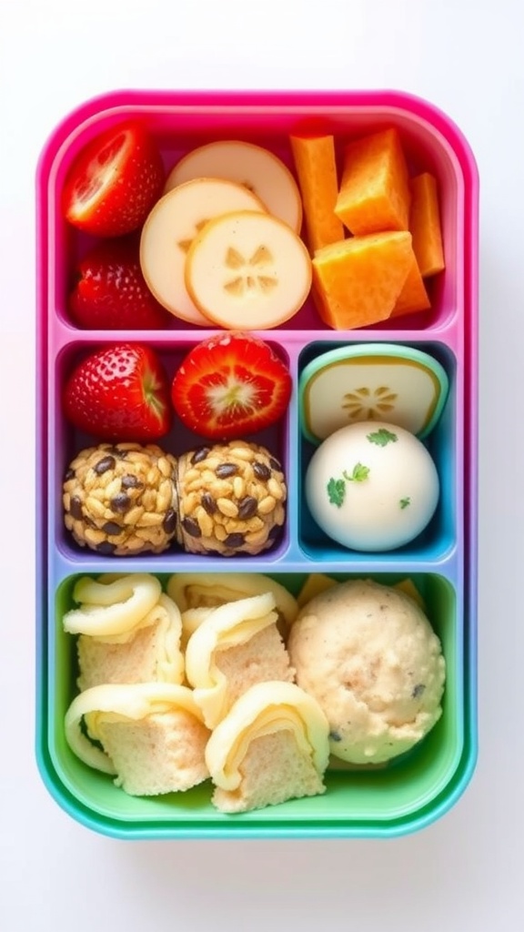 A colorful bento box filled with fruits, snacks, and a variety of foods.