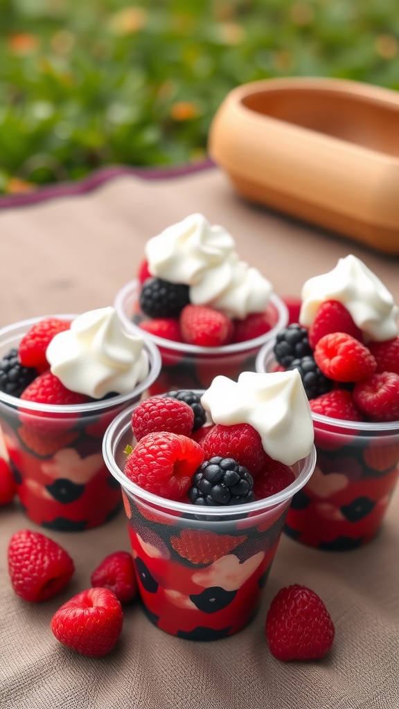 Colorful cups filled with mixed berries topped with whipped cream