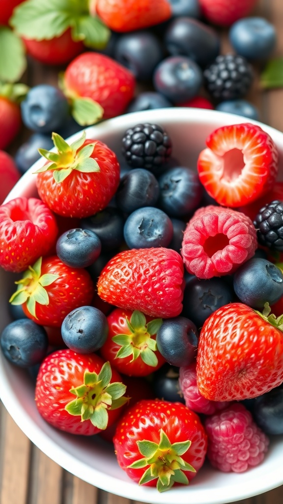 A colorful assortment of fresh berries including strawberries, blueberries, blackberries, and raspberries in a bowl.