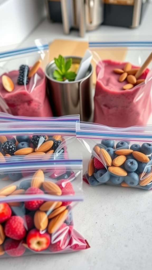 Berry almond smoothie packs in ziplock bags ready for blending.