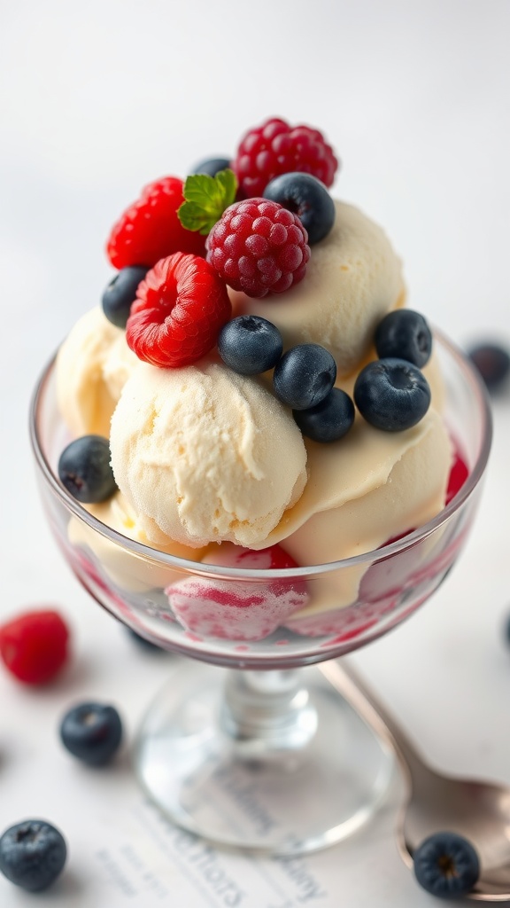 A bowl of Berry Blast Cheesecake topped with raspberries and blueberries