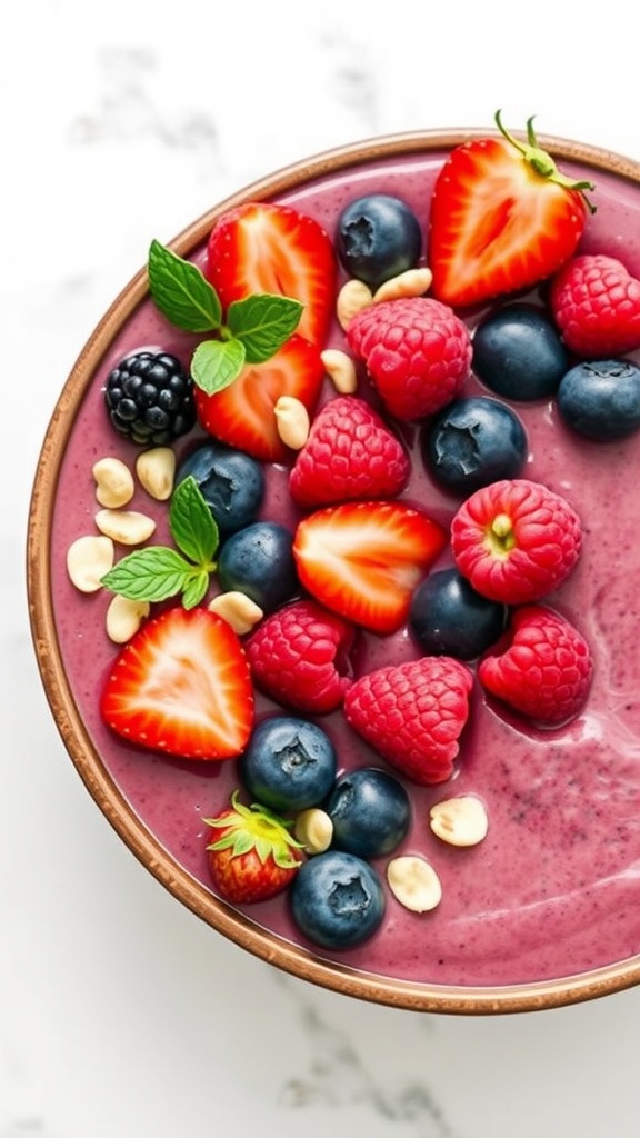 A colorful berry smoothie bowl topped with strawberries, blueberries, raspberries, and nuts.