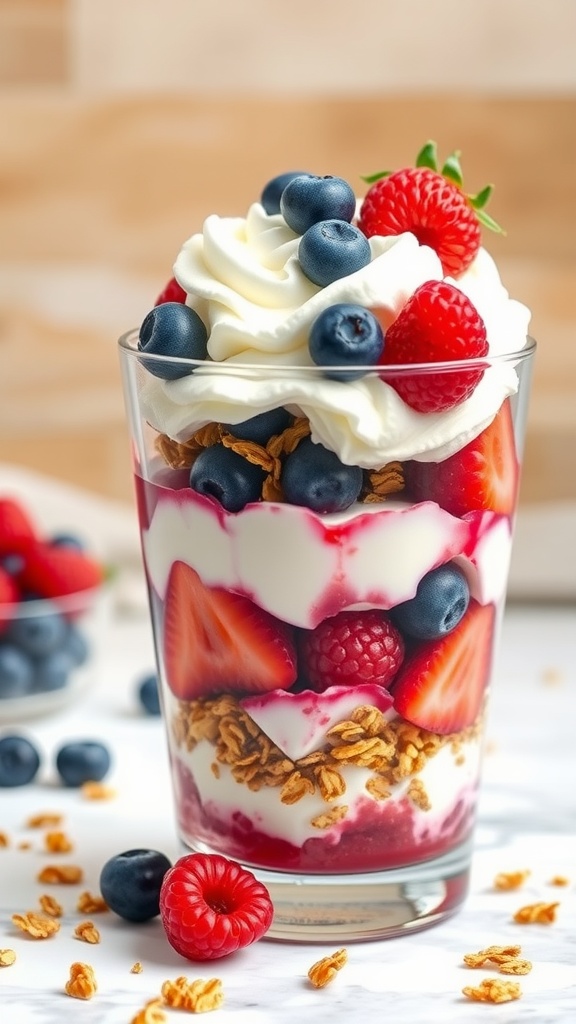 A delicious berry parfait with layers of yogurt, strawberries, blueberries, and granola topped with whipped cream.