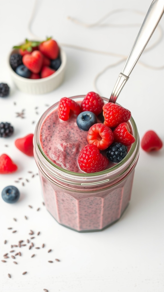 A jar of berry chia seed pudding topped with fresh raspberries and blueberries.